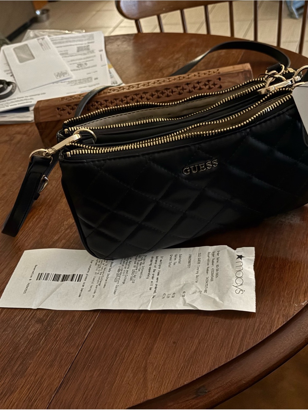 GUESS Quilted Black Triple-Zip Crossbody with Gold Hardware